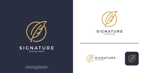 Minimalist feather pen logo with line circle logo design template.