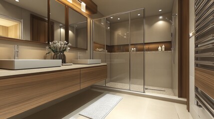 Fototapeta premium Stylish contemporary bathroom with large mirrors, a walk-in shower, and a warm color palette of beige and wood tones.