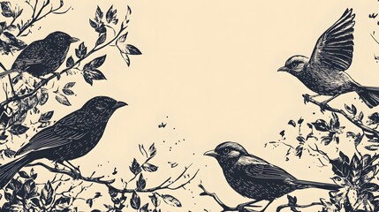 Four Birds Perched on Branches with Leaves