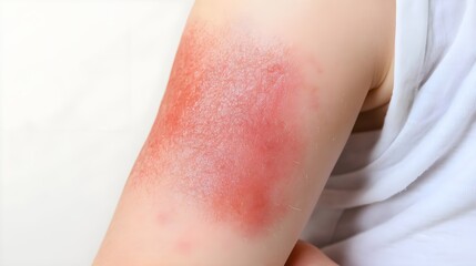 Close-up of a child's arm showing skin irritation and redness due to an allergic reaction or skin condition.