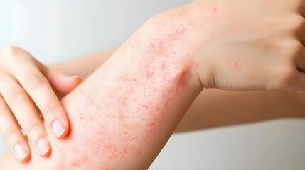 Close-up of a hand on a forearm showing skin irritation with red patches and blemishes, highlighting a common dermatological issue.