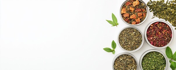 A harmonious arrangement of various dried herbs and spices in white bowls, perfect for culinary inspiration and healthy cooking.