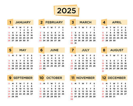 Colorful annual desk calendar 2025. One page 12 months full business planner.