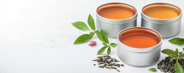 Three elegant tins of herbal tea with fresh leaves, showcasing natural aroma and vibrant colors, perfect for relaxation.