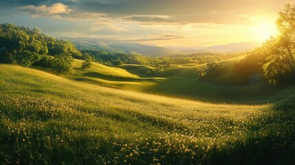 A panoramic view of a rolling green meadow bathed in the golden light of sunset.