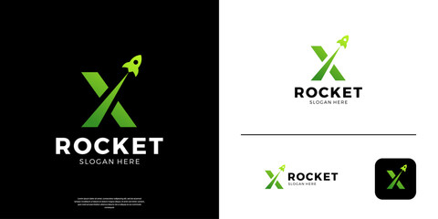 Rocket logo with gradient letter X symbol vector illustration.Print