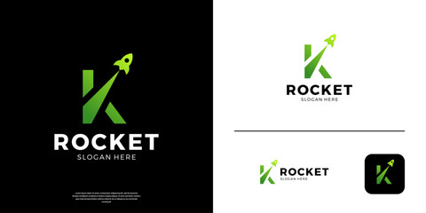 Rocket logo with gradient letter K symbol vector illustration.Print