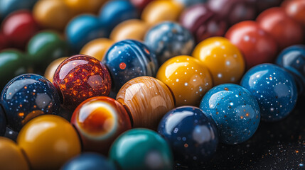 Colorful glass marbles with cosmic patterns in close-up. Concept of universe and astronomy