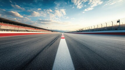 Fototapeta premium A panoramic view of an empty asphalt race track with a bright starting line and finish line.