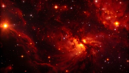 Red liquid with tints of golden glitters. Red background with a scattering of gold sparkles. Magic Galaxy of golden dust particles in red fluid with burgundy tints