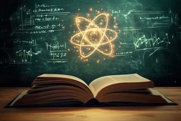 Open book with glowing atom symbol above it.