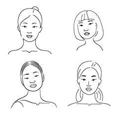 不細工なすっぴんの女性の顔の線画イラスト　白背景の切り抜き