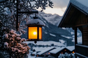 Lantern glowing in a snowy mountain landscape.
