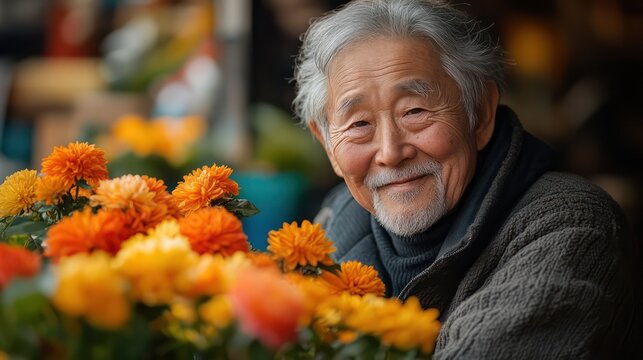 An elderly Asian man smiled warmly as he tended his garden. Using a walking stick as support but flourished as he watered the blooming flowers. Dealing with chronic illness