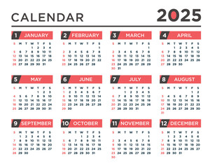 Colorful Desk Calendar Design 2025. Single Page Calendar for 12 Months