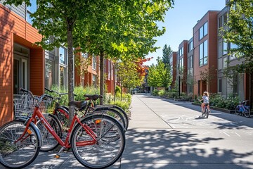 Fototapeta premium Urban street scene with bicycles and greenery.