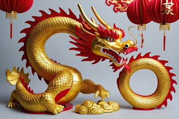Obraz premium Stunning 3D Dragon Design for Lunar New Year 2024 featuring Luxurious Gold and Deep Red Accents