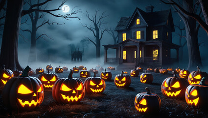 Background Halloween Night with Sinister, Glowing Carved Pumpkins in a Foggy Dark Forest, Casting Eerie Orange Light and Terrifying Scowls Under the Moonlight