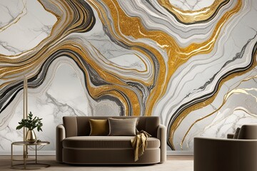 Luxurious Gold and Silver Abstract Marble Wallpaper with Artistic Ink Design for Elegant Interior Decor