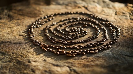 Coffee Seeds Spiral Pattern on Stone Surface in Soft Evening Light with Long Shadows