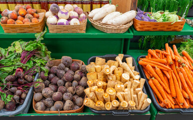 fresh vegetable in container at farmer’s market