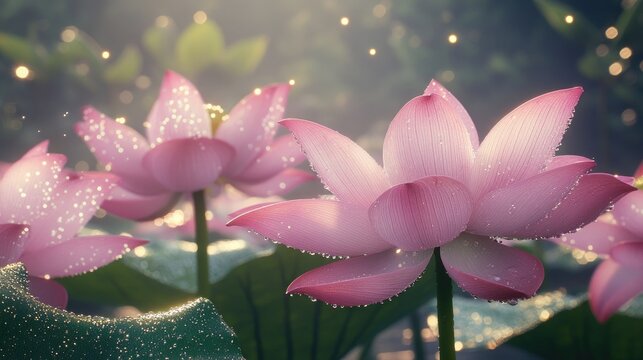 A photorealistic image of pink lotus flowers, with water droplets glistening on their petals.
