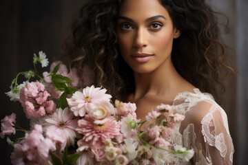 Naklejka premium Beautiful bride smiles holding a bouquet of roses, her face framed by flowing hair and a delicate veil