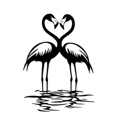Naklejka premium Silhouette of two flamingos facing each other, Black and white silhouette of two flamingos standing in water, facing each other, with their necks forming a heart shape. 