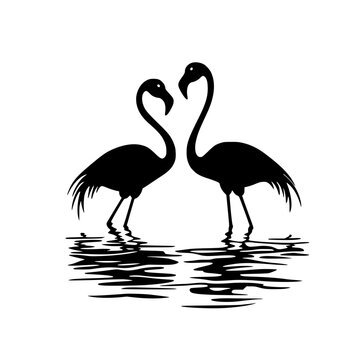 recommend clip art: Silhouette of two flamingos facing each other, Black and white silhouette of two flamingos standing in water, facing each other, with their necks forming a heart shape.
                    