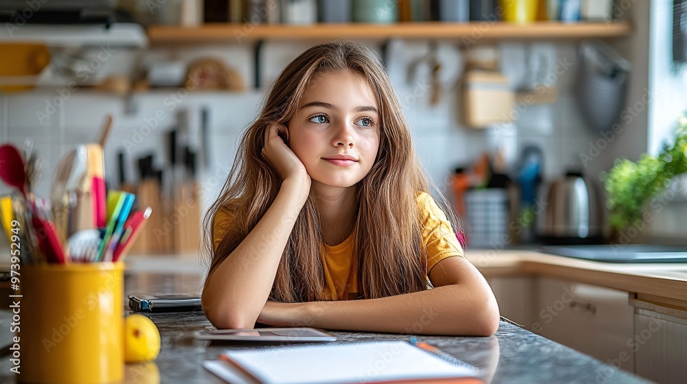 Poster Middle school student focused on an online science lesson with a tablet on the kitchen counter The virtual learning platform is visible and the student is engaged in note-taking while surrounded by