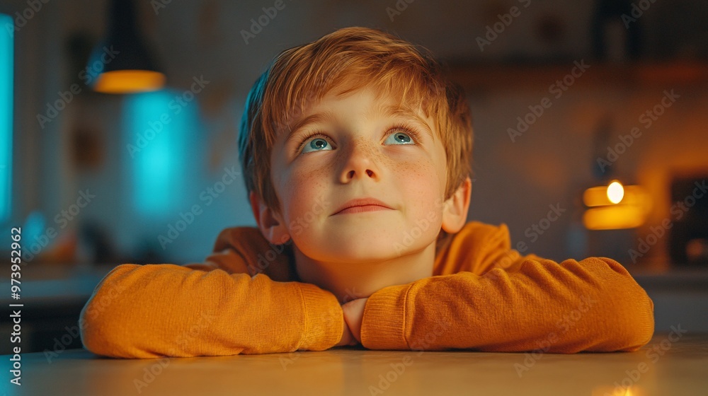 Aufkleber elementary school student participating in an online class on a brightly lit kitchen table the scree