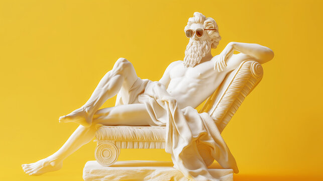 Ancient greek god white sculpture wearing fashionable sunglasses and laying on beach chair on yellow background 