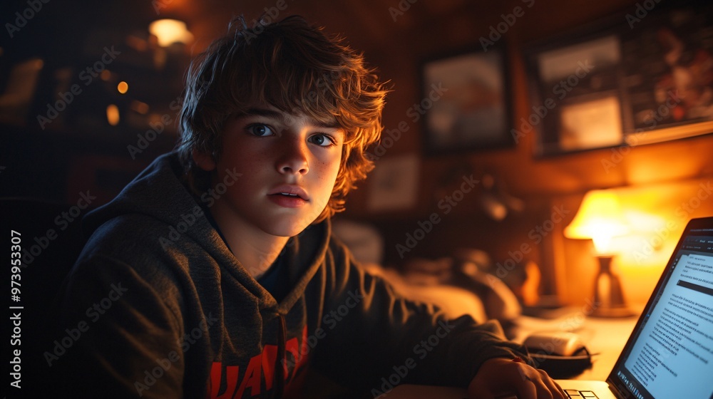 Aufkleber young boy attending a virtual classroom session in a cozy study nook with a laptop the screen displa