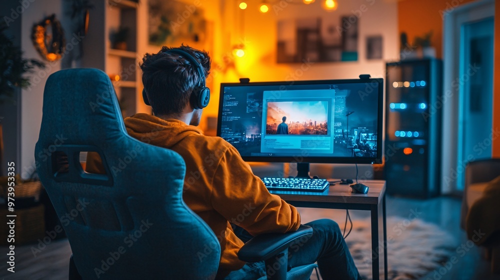 Poster College student in a bright modern apartment attending an online course on a desktop computer The screen shows a split view of the professor and classmates while the student interacts with the course