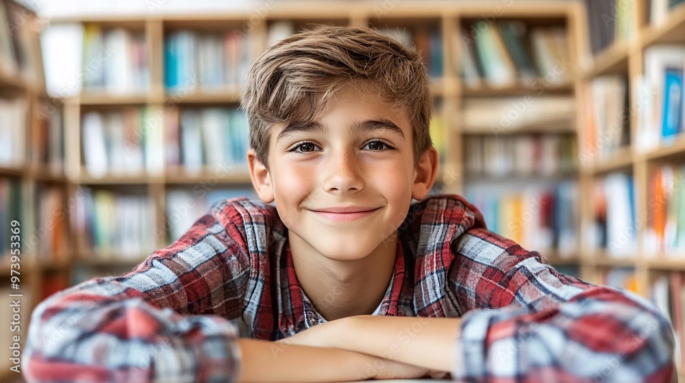 Aufkleber young boy attending a virtual classroom session in a cozy study nook with a laptop the screen displa
