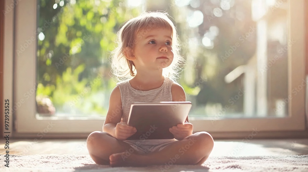 Poster Child sitting cross-legged on the floor in a sunlit room with a tablet in their lap The tablet displays a math lesson while the child intently follows along Large space for text in center Stock Photo