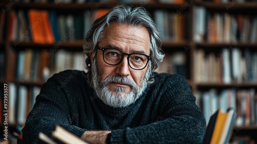 Poster mature adult studying in a home office setting surrounded by books and notebooks they are focused on