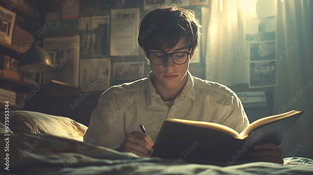 Aufkleber teenager sitting on a bed with a laptop in front of them and a notebook in their hand the room is br