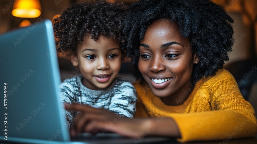 Poster Mother sitting with her young child at the dining table helping with an online math lesson on a laptop The child is pointing at the screen while the mother explains with a smile creating a supportive