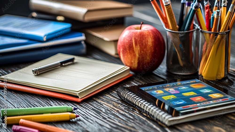Aufkleber A clean and modern study desk setup with a laptop displaying a virtual classroom A student notebook and a tablet with learning apps are neatly arranged on the side emphasizing tech integration in a
