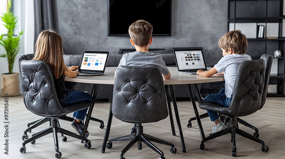 Aufkleber parents sitting at a round dining table with their two children working on separate laptops the pare