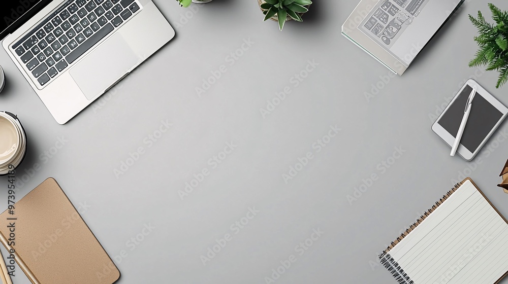Poster A clean and modern study desk setup with a laptop displaying a virtual classroom A student notebook and a tablet with learning apps are neatly arranged on the side emphasizing tech integration in a