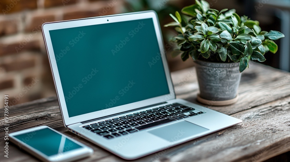 Aufkleber A clean and modern study desk setup with a laptop displaying a virtual classroom A student notebook and a tablet with learning apps are neatly arranged on the side emphasizing tech integration in a