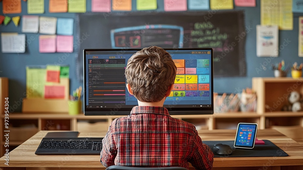 Poster A sleek desk setup featuring a desktop computer with an educational game on the screen Smartboard in the background and a tablet on the side of the desk reinforce the modern classroom experience