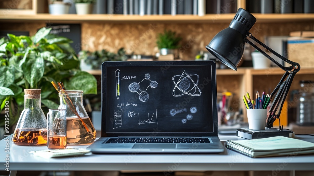 Aufkleber A laptop with a virtual science lesson on the screen placed on a clean white desk A smart lamp and digital notepad are nearby showcasing a modern efficient study space for remote learning Large space