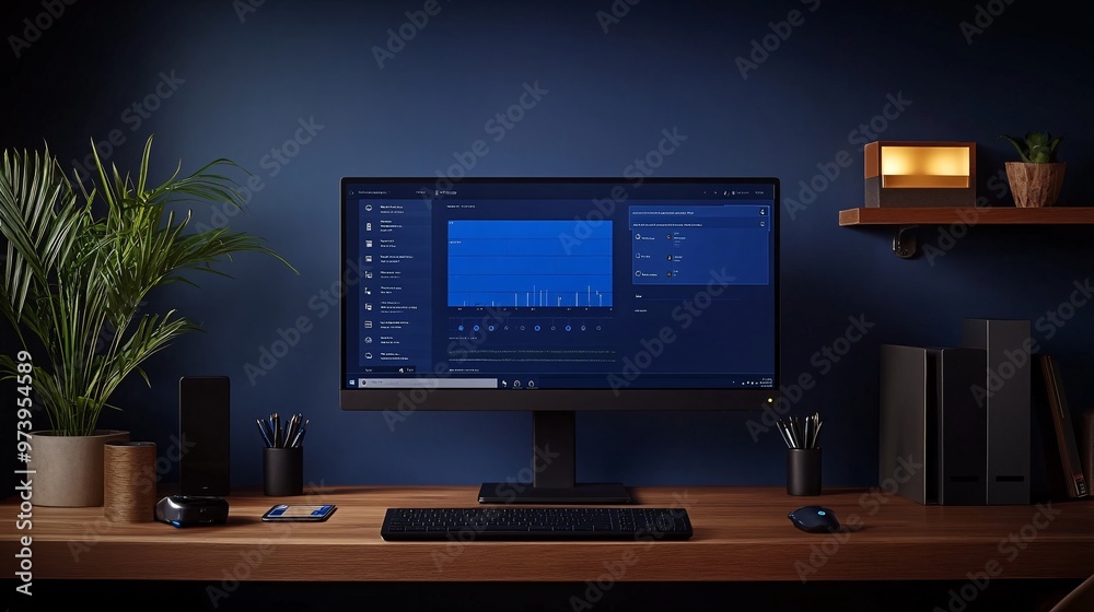 Poster A desktop computer displaying an interactive math lesson sits on a minimalist desk Smart home gadgets and wireless chargers neatly organized in the background creating a tech-focused learning setup