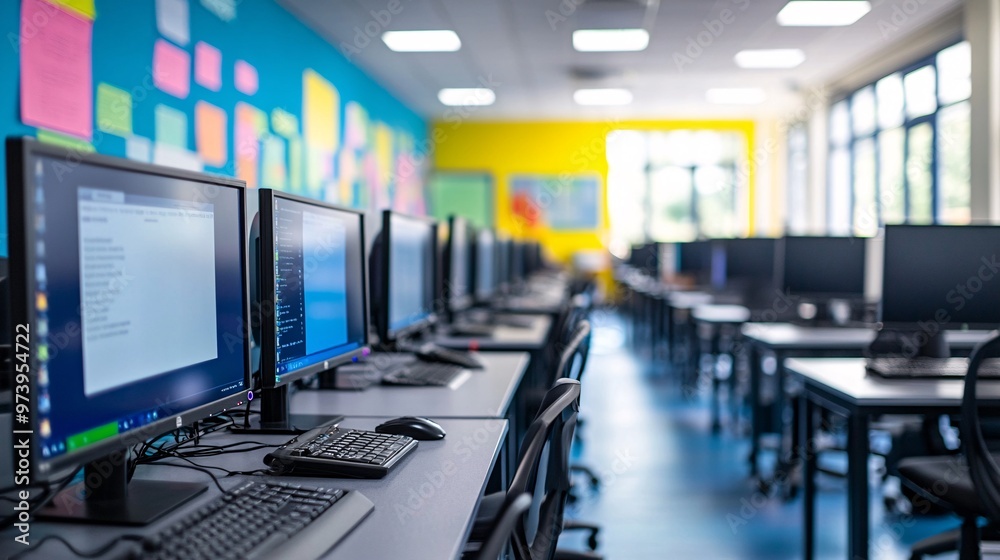 Fototapete A dual monitor setup with one screen showing a virtual classroom and the other an online textbook A digital whiteboard and smart pen are in use emphasizing a high-tech modern learning environment