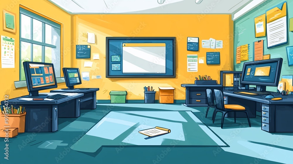 Aufkleber A dual monitor setup with one screen showing a virtual classroom and the other an online textbook A digital whiteboard and smart pen are in use emphasizing a high-tech modern learning environment