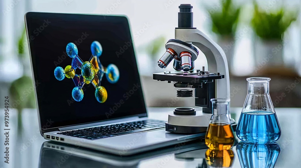 Poster A laptop on a modern glass desk with a virtual chemistry experiment displayed on the screen A digital microscope connected to the computer emphasizes advanced tech use in remote education Large space