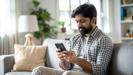 Indian Man Browsing Smartphone in Comfortable Home Setting
